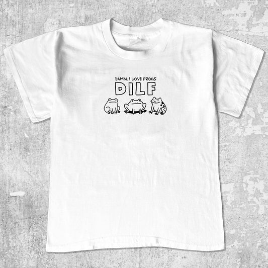 DILF Damn I Love Frogs unisex graphic t-shirt. Vintage trending meme tee. Funny and unique graphic tees. DILF Damn I Love Frogs graphi tee White 1