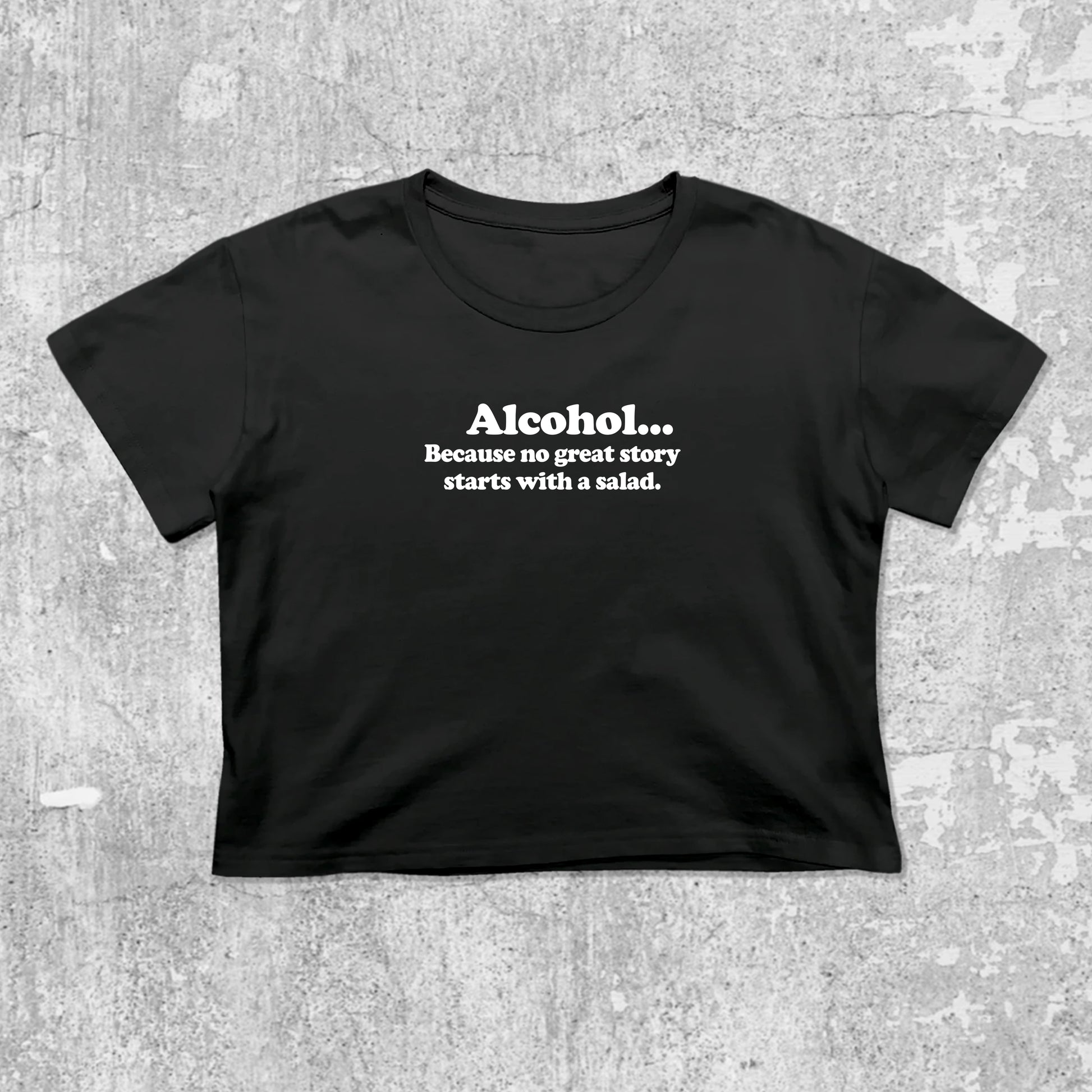 Alcohol graphic crop tee with cute and trendy fit, featuring playful vintage graphic, stylish cut. Black crop t-shirt