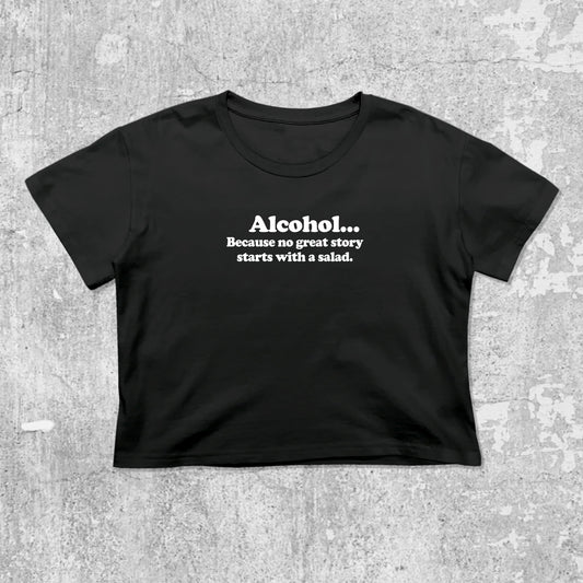 Alcohol graphic crop tee with cute and trendy fit, featuring playful vintage graphic, stylish cut. Black crop t-shirt