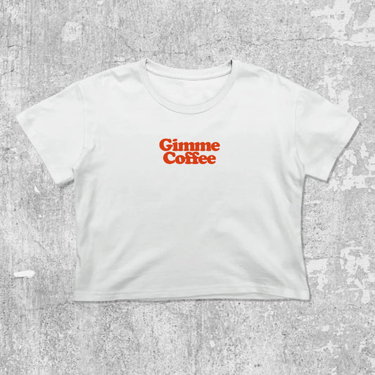 Gimme Coffee graphic crop tee with cute and trendy fit, featuring playful vintage graphic, stylish cut. White crop t-shirt