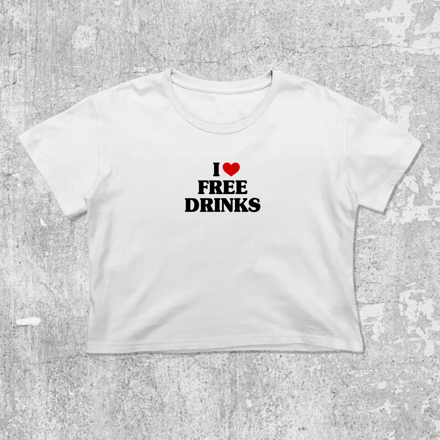 I Love Free Drinks graphic crop tee with cute and trendy fit, featuring playful vintage graphic, stylish cut. White crop t-shirt