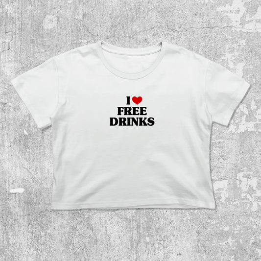 I Love Free Drinks graphic crop tee with cute and trendy fit, featuring playful vintage graphic, stylish cut. White crop t-shirt