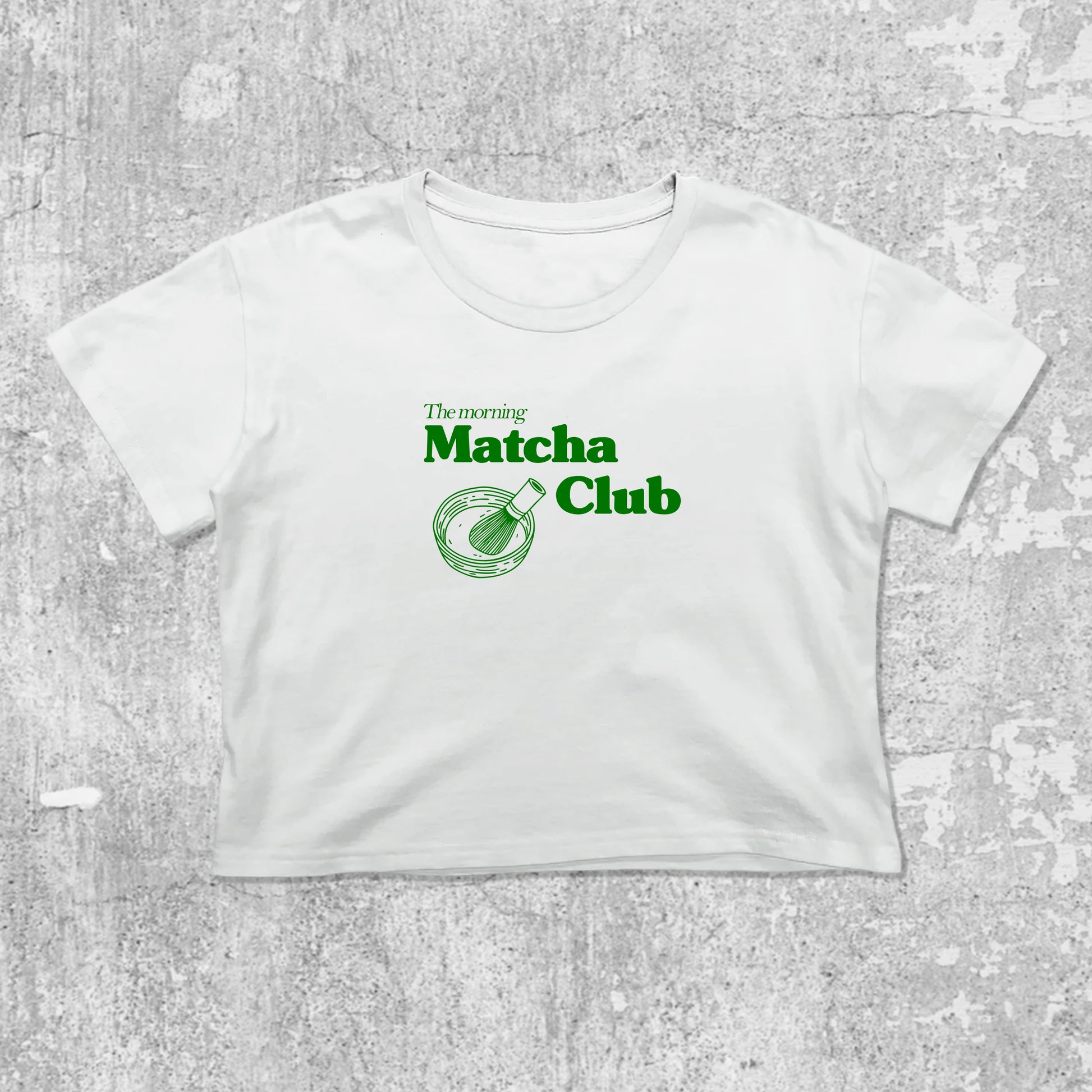 Matcha Club graphic crop tee with cute and trendy fit, featuring playful vintage graphic, stylish cut. White crop t-shirt