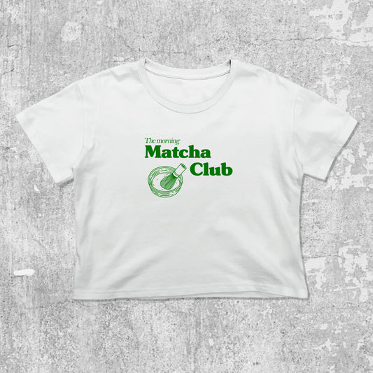 Matcha Club graphic crop tee with cute and trendy fit, featuring playful vintage graphic, stylish cut. White crop t-shirt