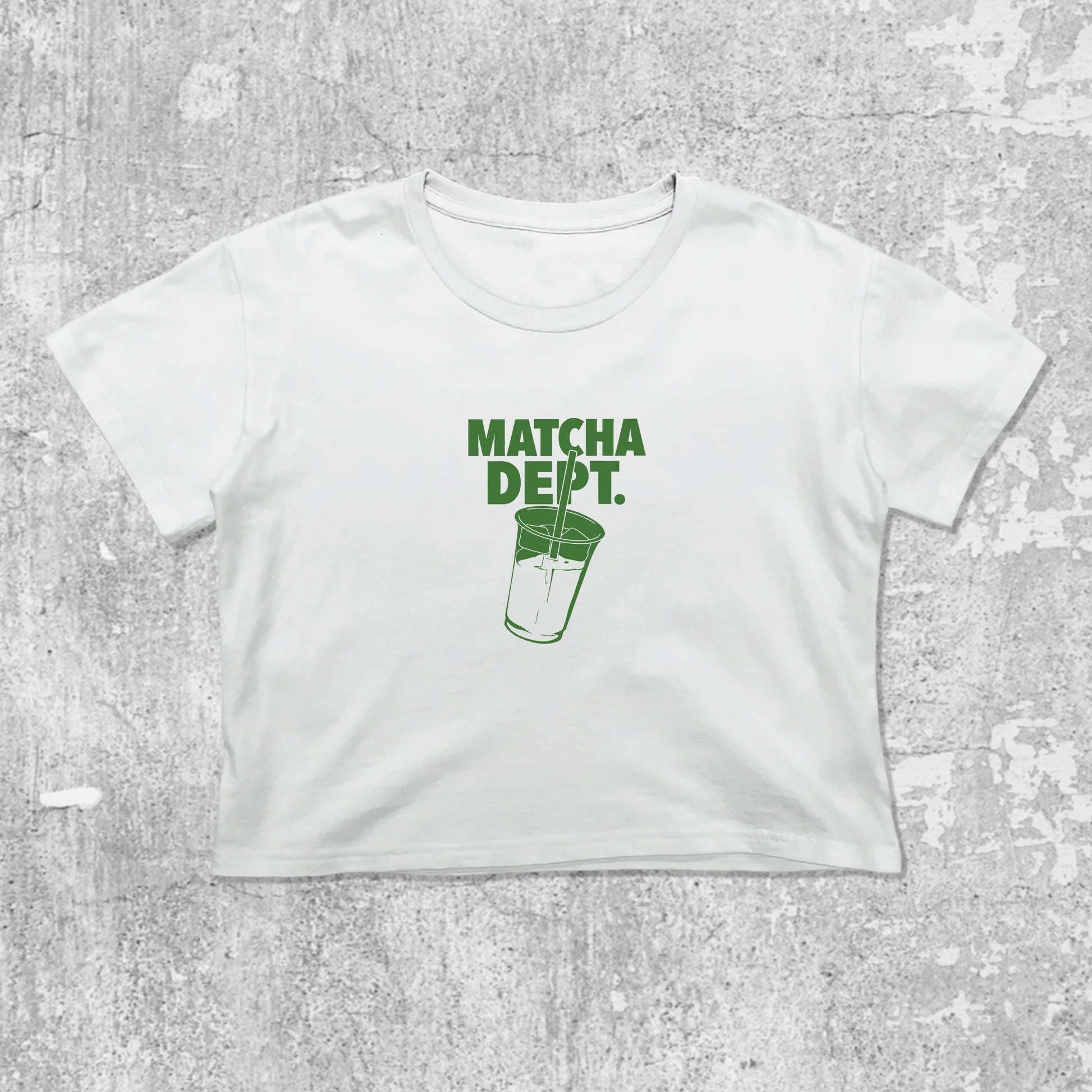 Matcha Dept graphic crop tee with cute and trendy fit, featuring playful vintage graphic, stylish cut. White crop t-shirt