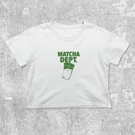 Matcha Dept graphic crop tee with cute and trendy fit, featuring playful vintage graphic, stylish cut. White crop t-shirt
