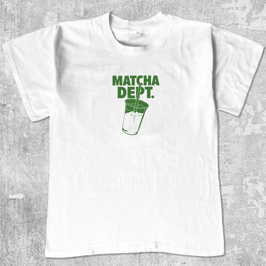 Matcha Dept graphic tee with matcha print, funny and simple graphic. Perfect gifts for family and friends. White shirt.