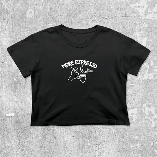 More Espresso Less Depresso graphic crop tee with cute and trendy fit, featuring playful coffee graphic, stylish cut. Black crop t-shirt