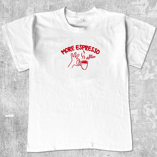 More Espresso Less Depresso graphic tee with retro coffee print, funny and trendy graphic. Perfect for friends. White shirt.