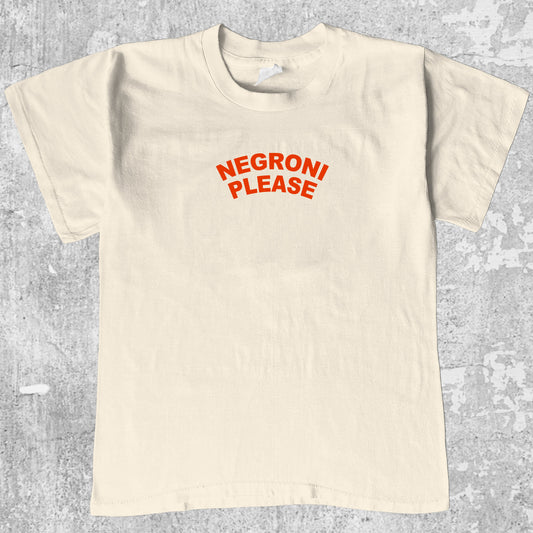 Negroni Please graphic tee with retro cocktail print, funny and trendy graphic. Perfect for friends. Cream shirt.
