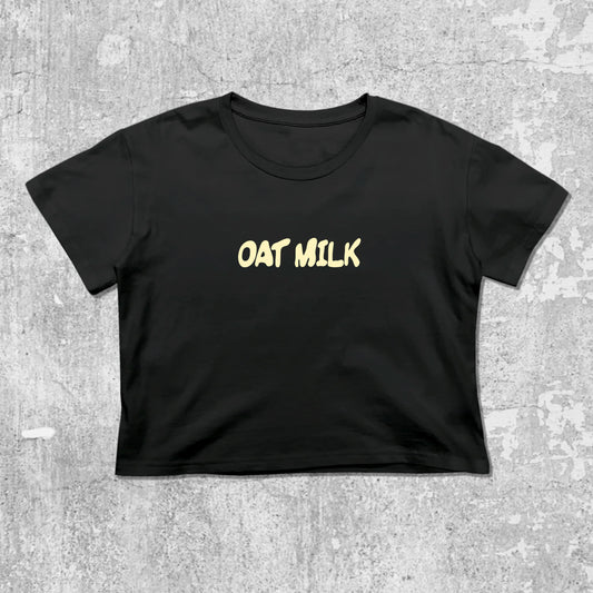 Oat Milk graphic crop tee with cute and trendy fit, featuring playful vintage graphic, stylish cut. Black crop t-shirt