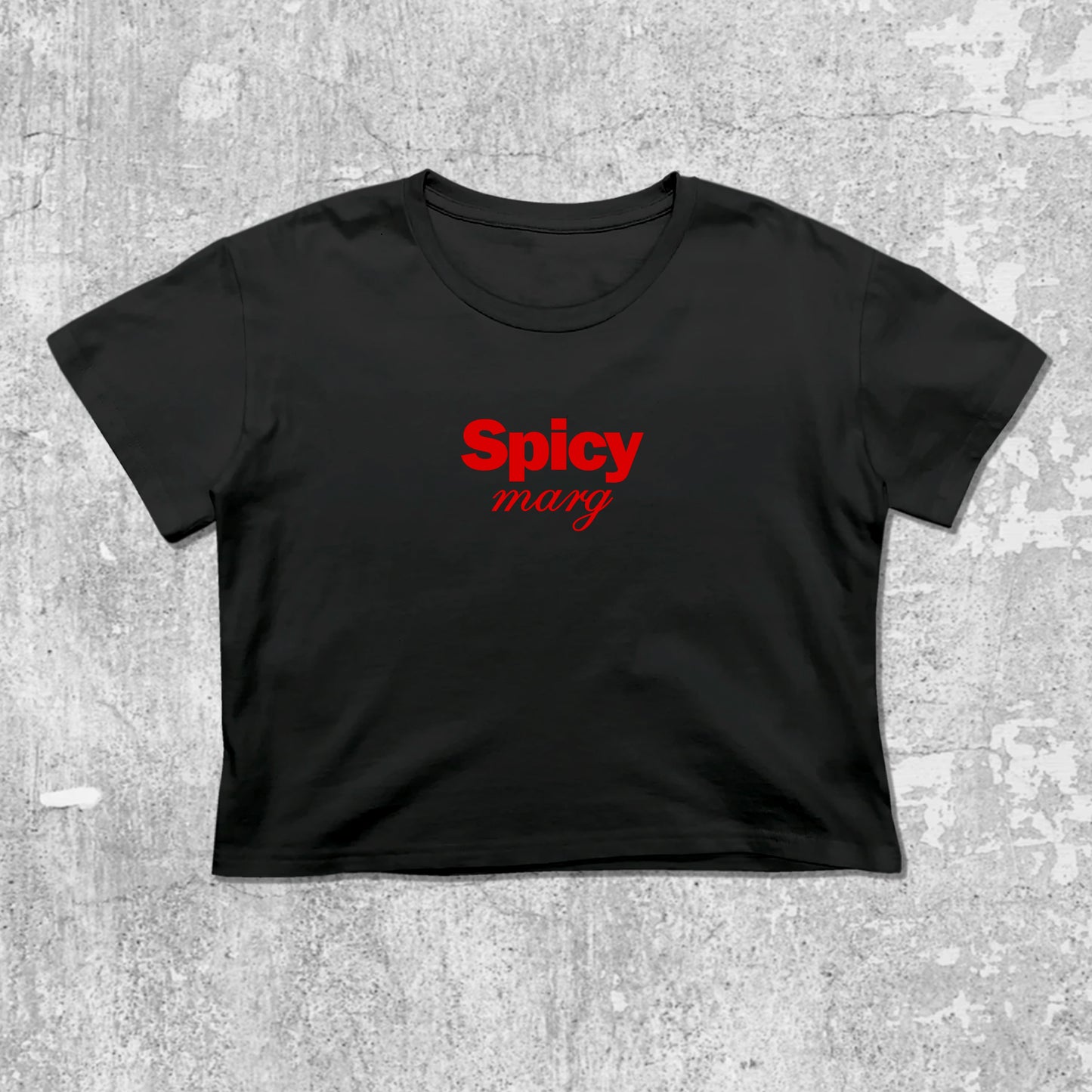 Spicy Marg graphic crop tee with cute and trendy fit, featuring playful vintage graphic, stylish cut. Black crop t-shirt