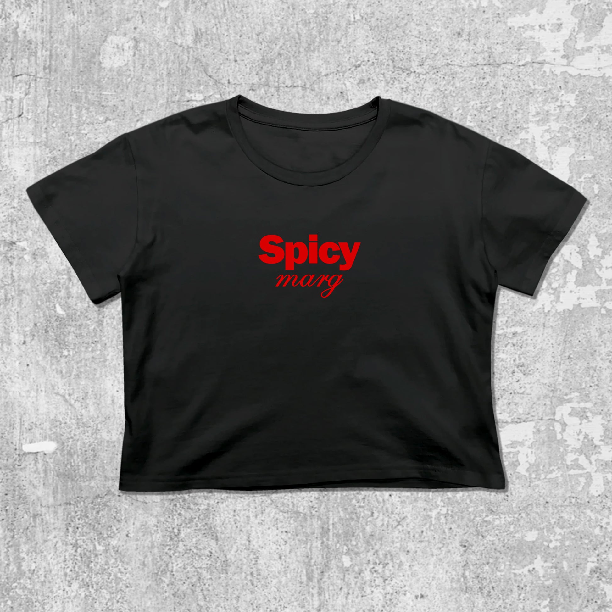 Spicy Marg graphic crop tee with cute and trendy fit, featuring playful vintage graphic, stylish cut. Black crop t-shirt