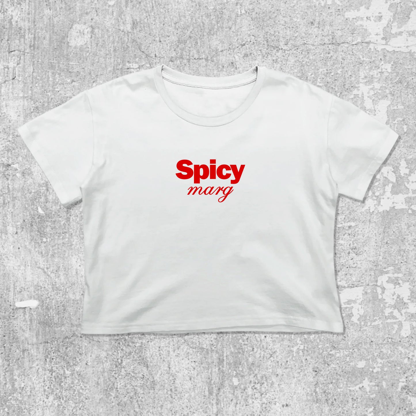 Spicy Marg graphic crop tee with cute and trendy fit, featuring playful vintage graphic, stylish cut. White crop t-shirt