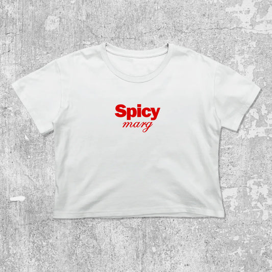 Spicy Marg graphic crop tee with cute and trendy fit, featuring playful vintage graphic, stylish cut. White crop t-shirt