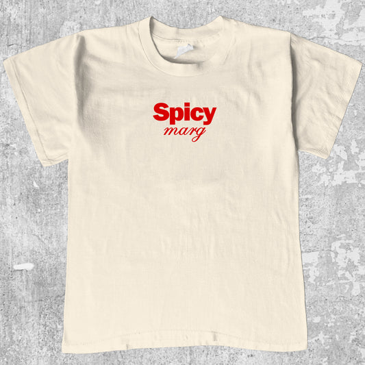 Spicy Marg graphic tee margarita print, funny and simple graphic. Perfect gifts for family and friends. Cream shirt.