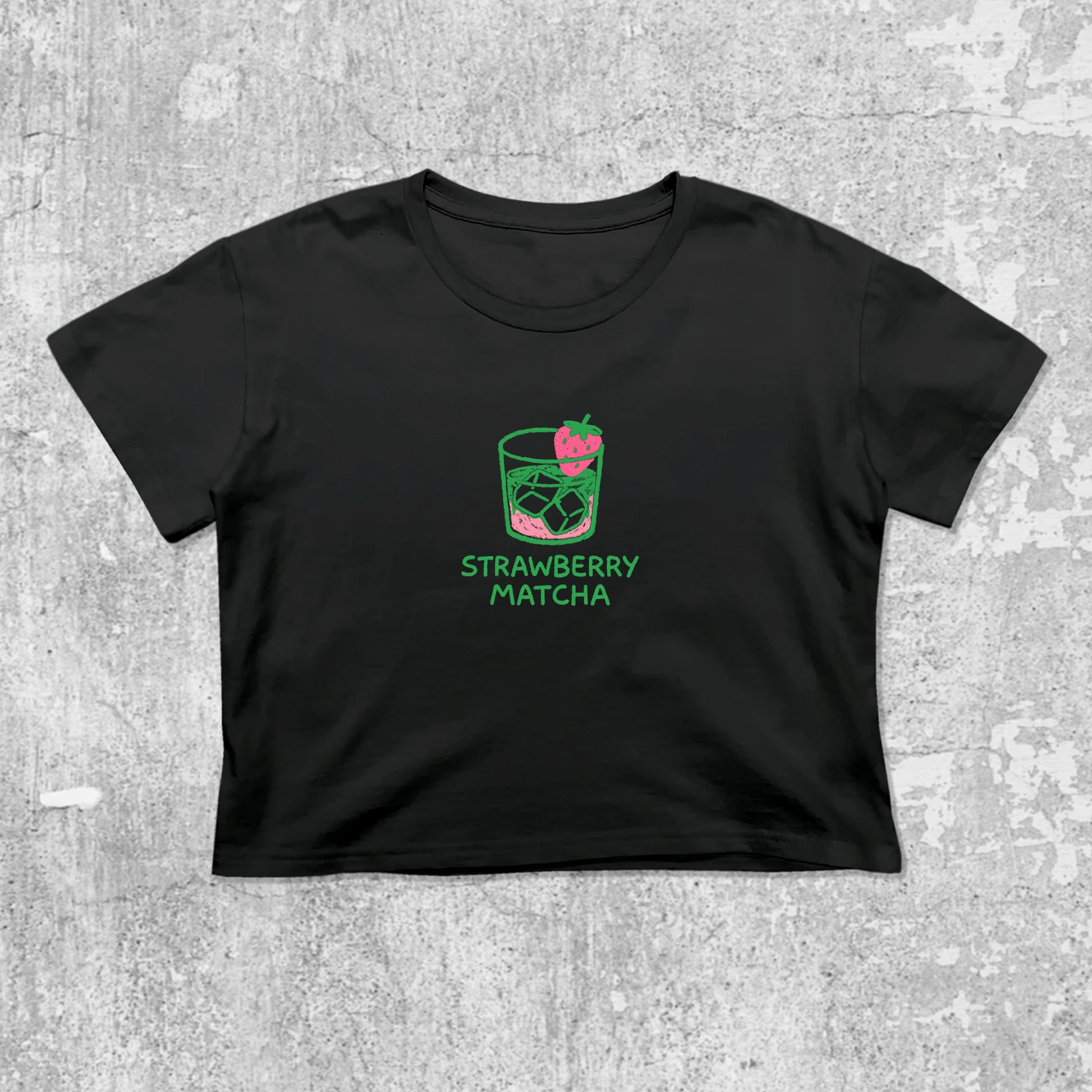 Strawberry Matcha graphic crop tee with cute and trendy fit, featuring playful vintage graphic, stylish cut. Black crop t-shirt