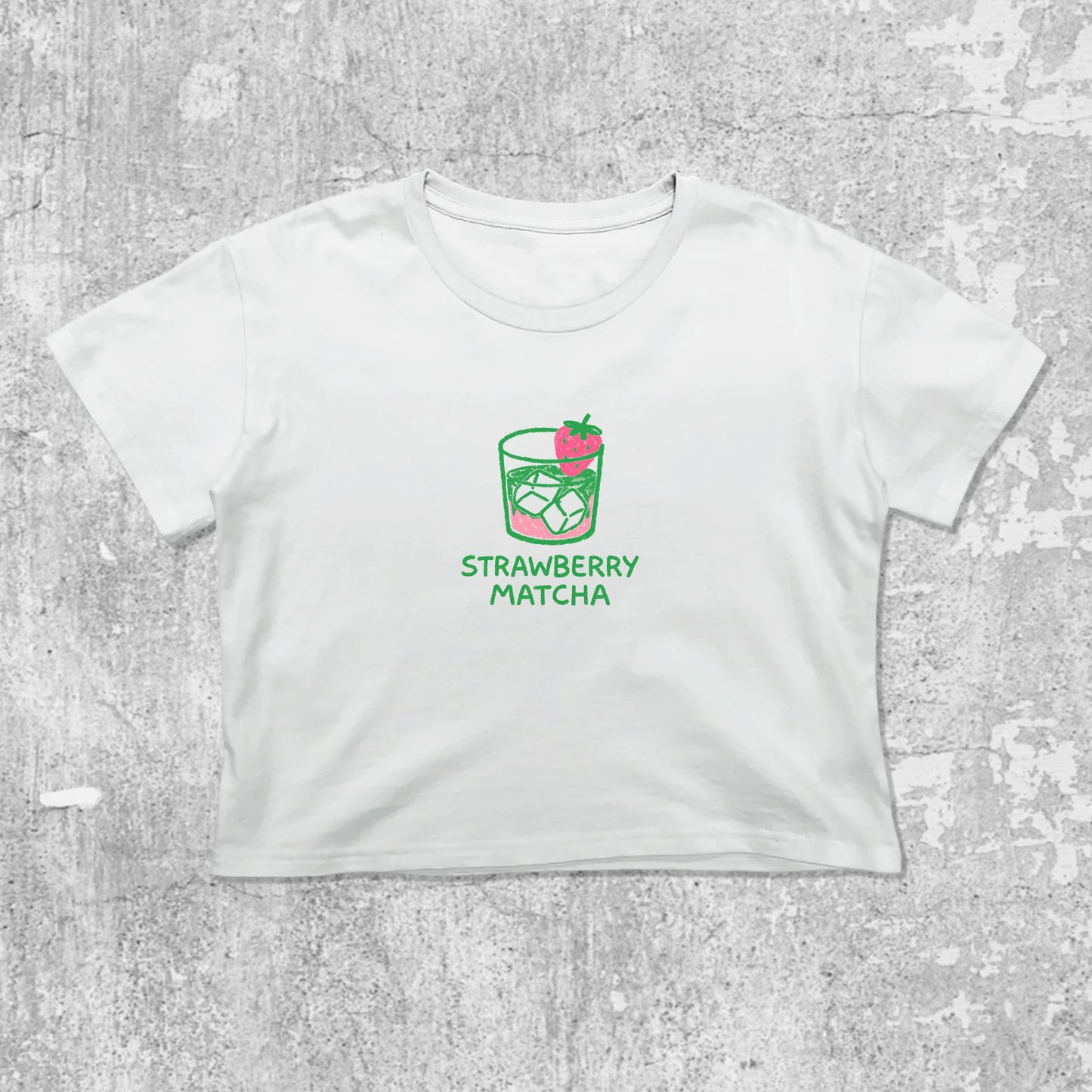 Strawberry Matcha graphic crop tee with cute and trendy fit, featuring playful vintage graphic, stylish cut. White crop t-shirt