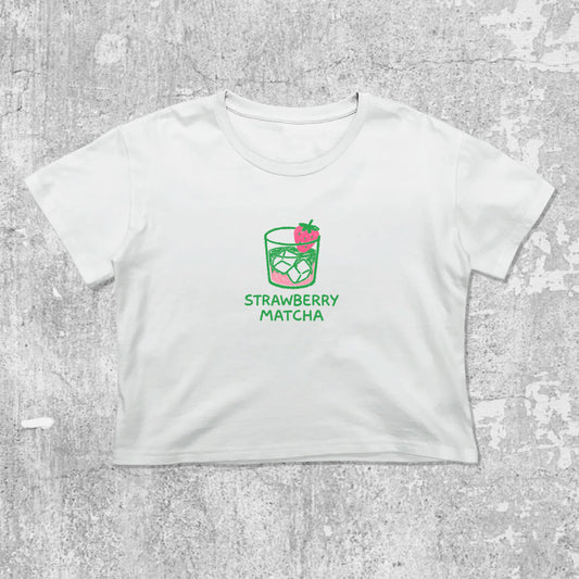 Strawberry Matcha graphic crop tee with cute and trendy fit, featuring playful vintage graphic, stylish cut. White crop t-shirt