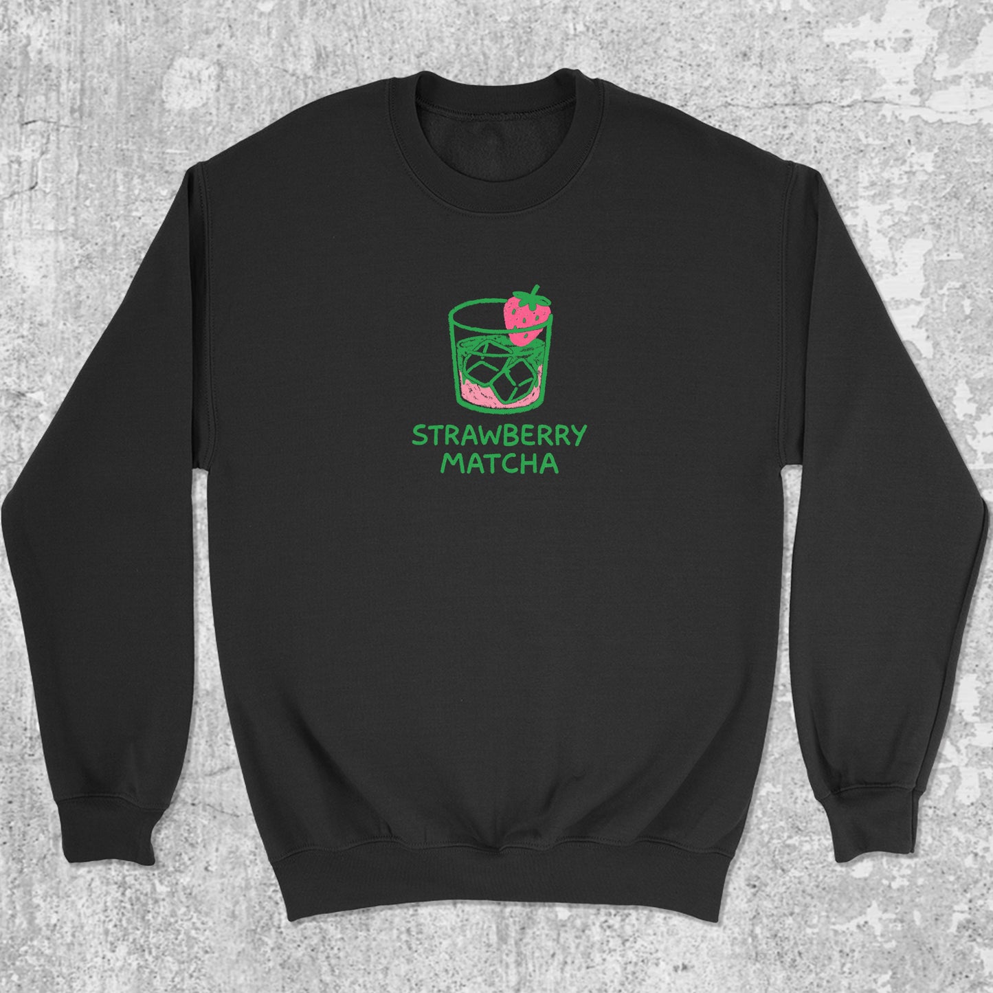 Strawberry Matcha graphic sweatshirt with pink green print, warm and cozy graphic for everyday wear. Perfect gifts for family and friends. Black pullover.