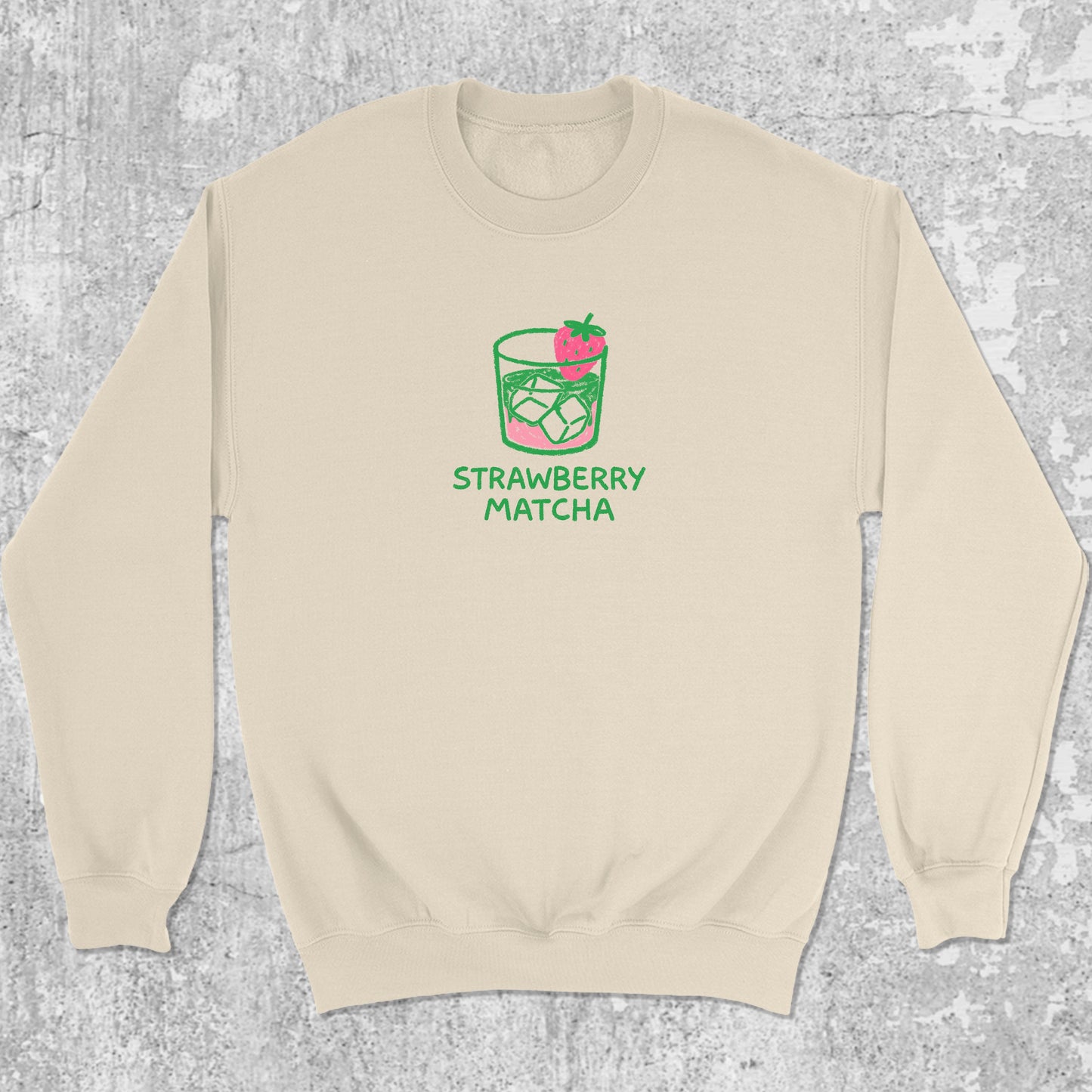 Strawberry Matcha graphic sweatshirt with pink green print, warm and cozy graphic for everyday wear. Perfect gifts for family and friends. Natural pullover.