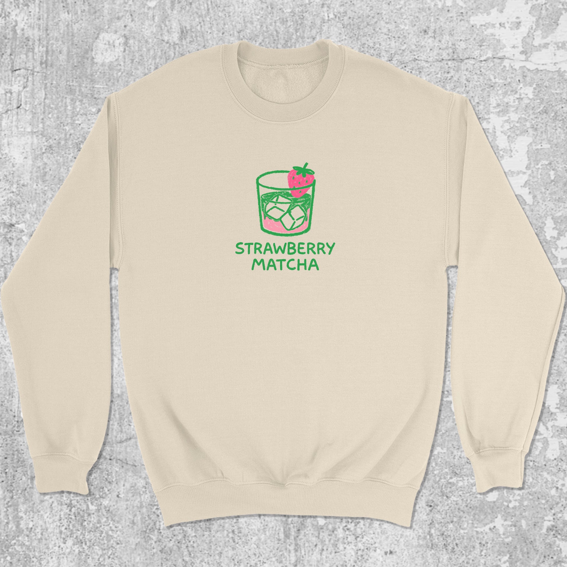 Strawberry Matcha graphic sweatshirt with pink green print, warm and cozy graphic for everyday wear. Perfect gifts for family and friends. Natural pullover.