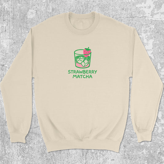 Strawberry Matcha graphic sweatshirt with pink green print, warm and cozy graphic for everyday wear. Perfect gifts for family and friends. Natural pullover.