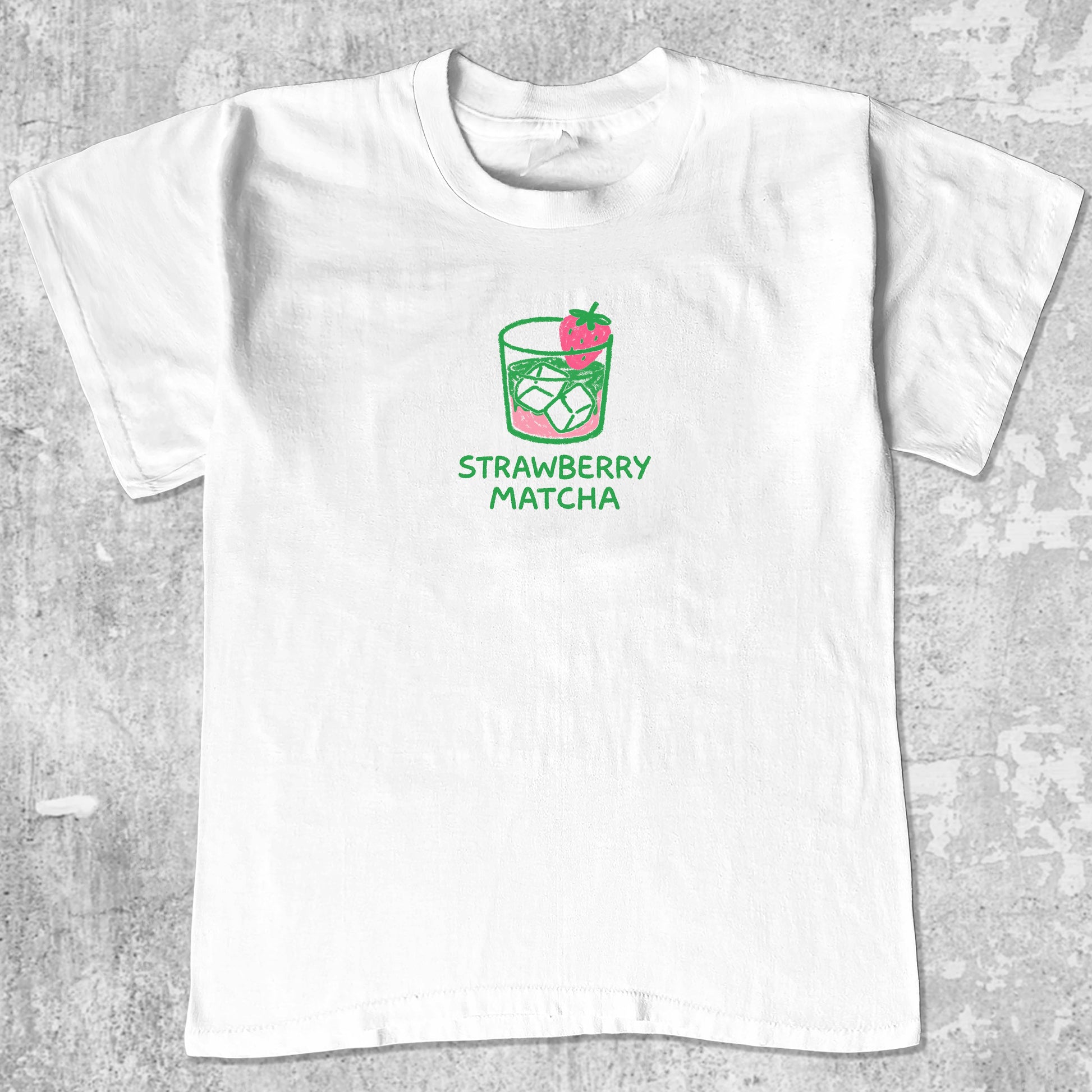 Strawberry Matcha graphic tee with pink green print, funny and simple graphic. Perfect gifts for family and friends. White shirt.