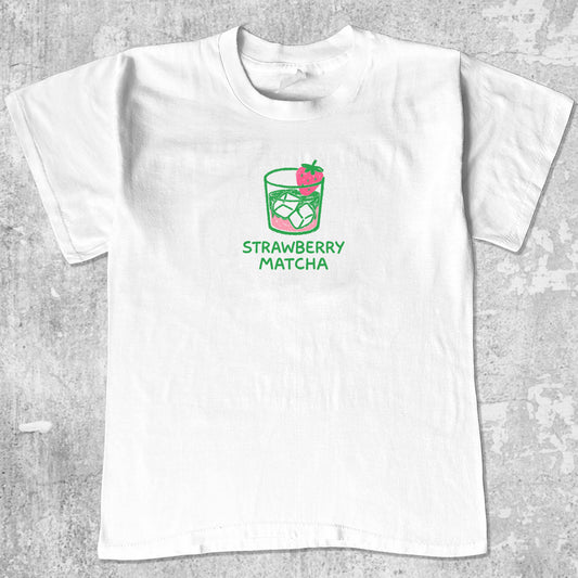 Strawberry Matcha graphic tee with pink green print, funny and simple graphic. Perfect gifts for family and friends. White shirt.