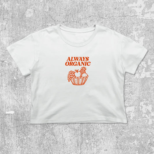Always Organic Fruits graphic crop tee with cute and trendy fit, featuring playful vintage graphic, stylish cut. White crop t-shirt