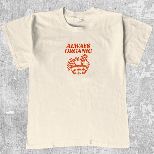 Always Organic Fruits graphic tee with vintage organic peach graphic, funny and trendy graphic. Perfect for adults and gift-giving. Cream shirt.
