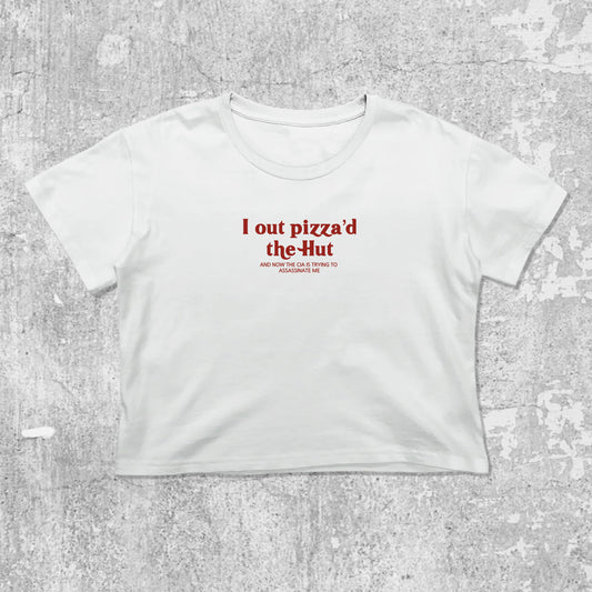 I Out Pizza'd The Hut graphic crop tee with cute and trendy fit, featuring playful vintage graphic, stylish cut. White crop t-shirt