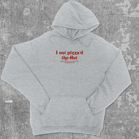 I Out Pizza'd The Hut graphic hoodie with funny and trendy artwork, casual streetwear with bold personality. Great for adults and gifting. Heather Grey hoodie.