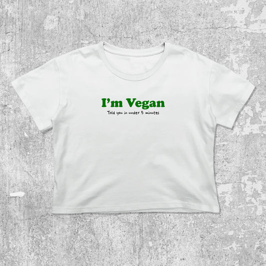 I'm Vegan graphic crop tee with cute and trendy fit, featuring playful vintage graphic, stylish cut. White crop t-shirt
