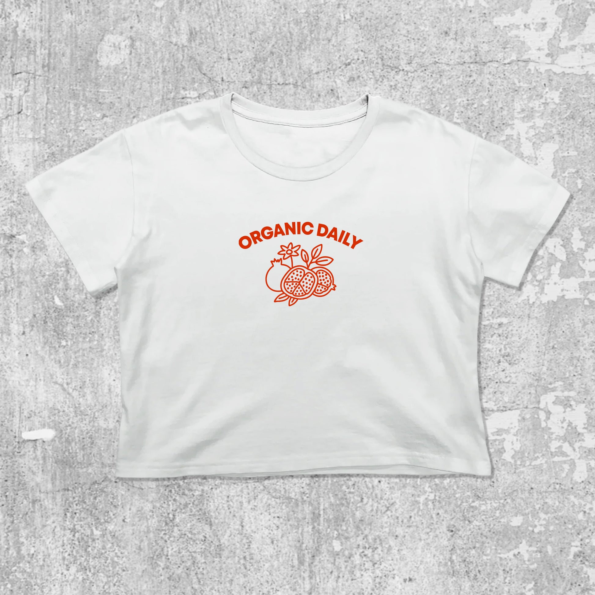 Organic Daily graphic crop tee with cute and trendy fit, featuring playful vintage graphic, stylish cut. White crop t-shirt