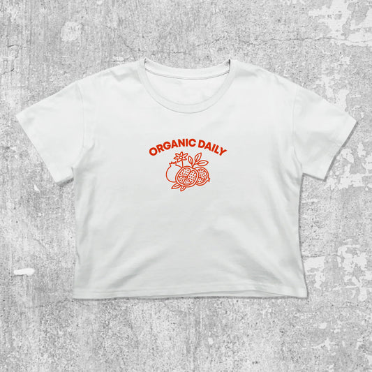 Organic Daily graphic crop tee with cute and trendy fit, featuring playful vintage graphic, stylish cut. White crop t-shirt