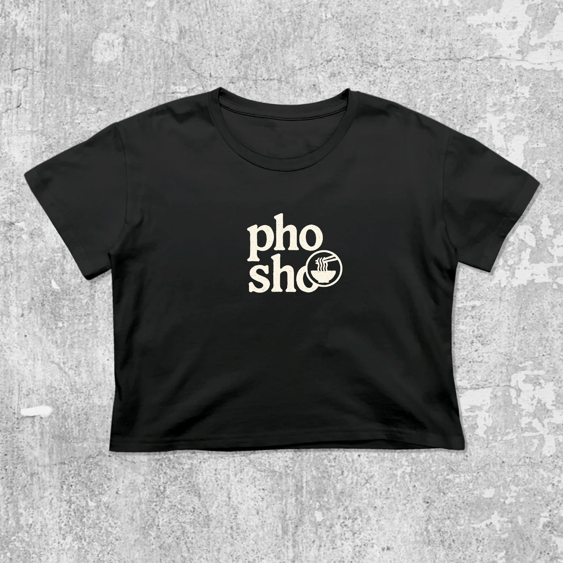 Pho Sho graphic crop tee with cute and trendy fit, featuring playful vintage graphic, stylish cut. Black crop t-shirt