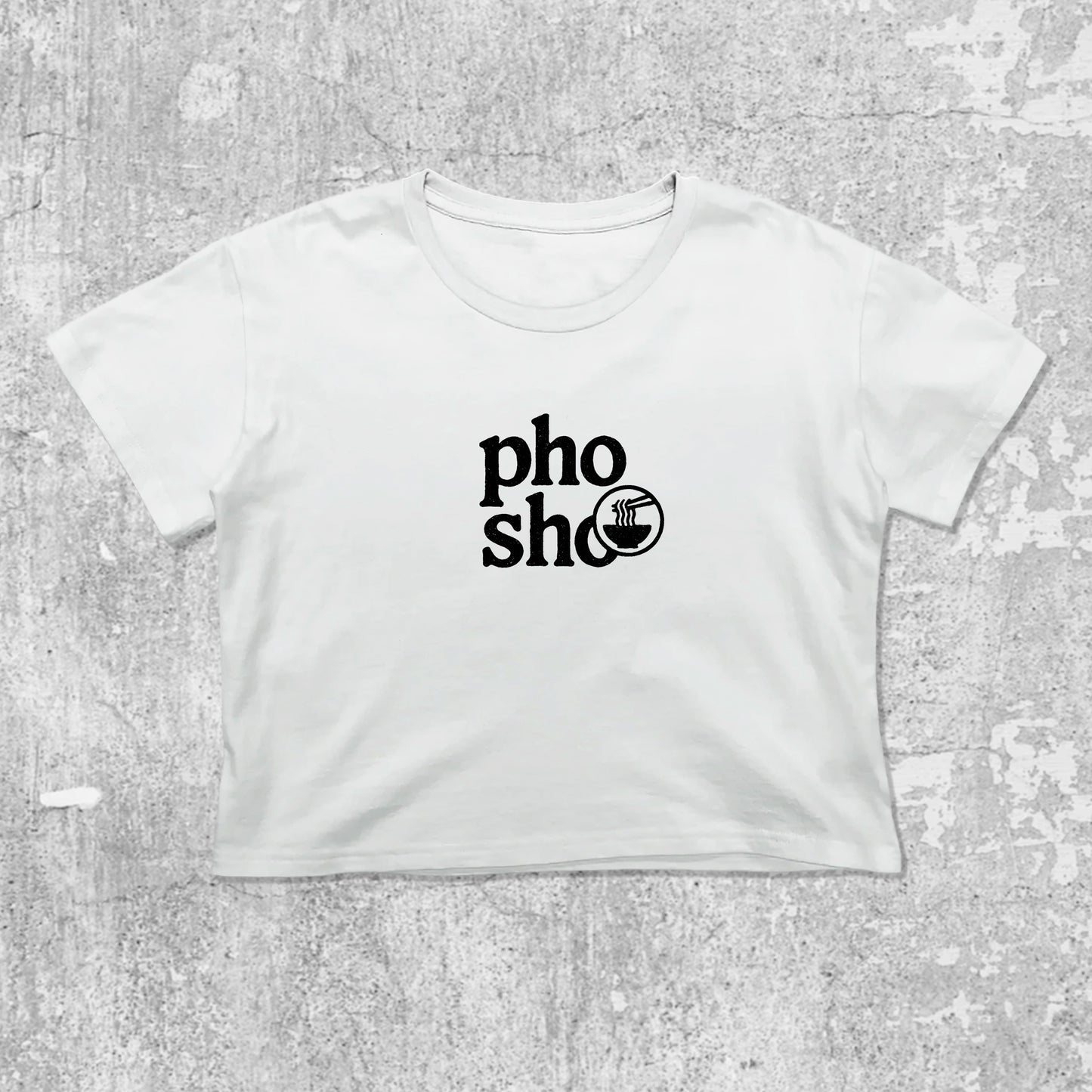 Pho Sho graphic crop tee with cute and trendy fit, featuring playful vintage graphic, stylish cut. White crop t-shirt