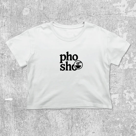 Pho Sho graphic crop tee with cute and trendy fit, featuring playful vintage graphic, stylish cut. White crop t-shirt