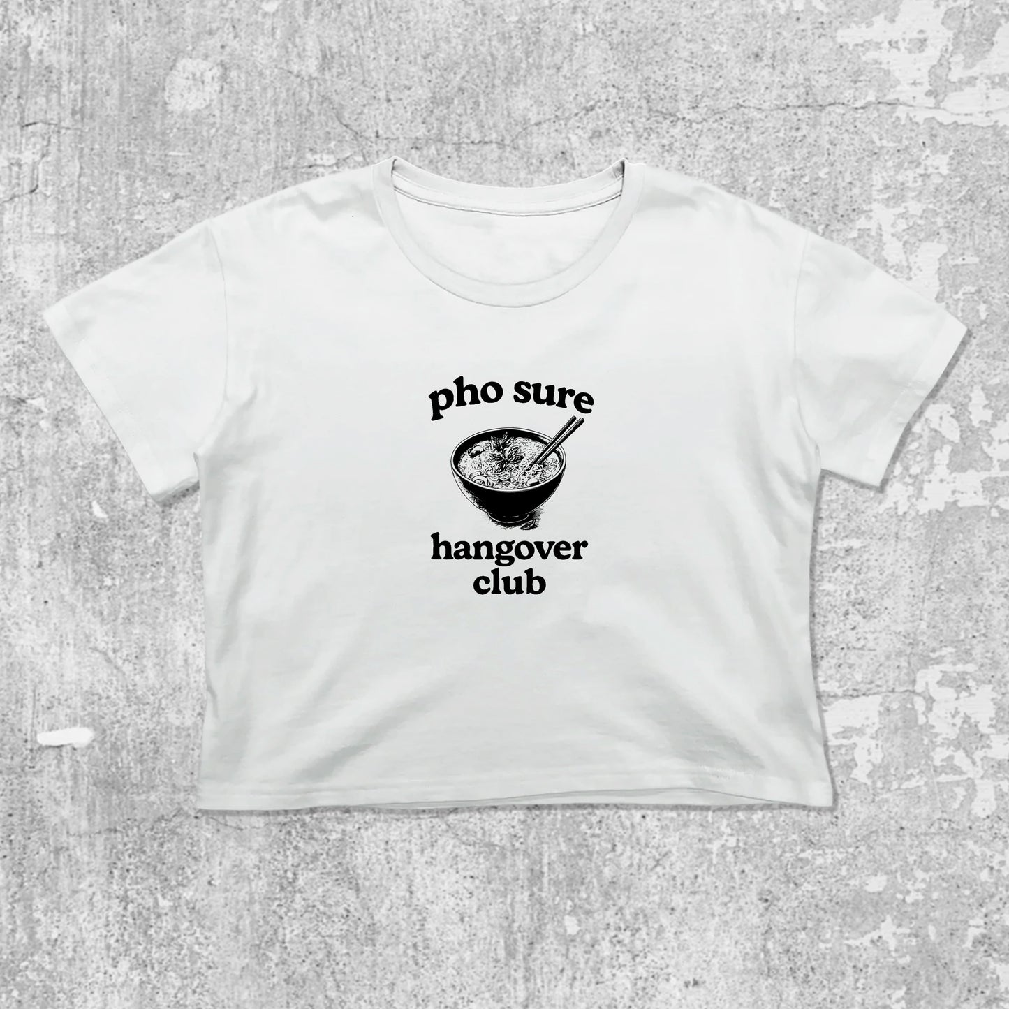 Pho Sure Hangover Club graphic crop tee with cute and trendy fit, featuring playful vintage graphic, stylish cut. White crop t-shirt