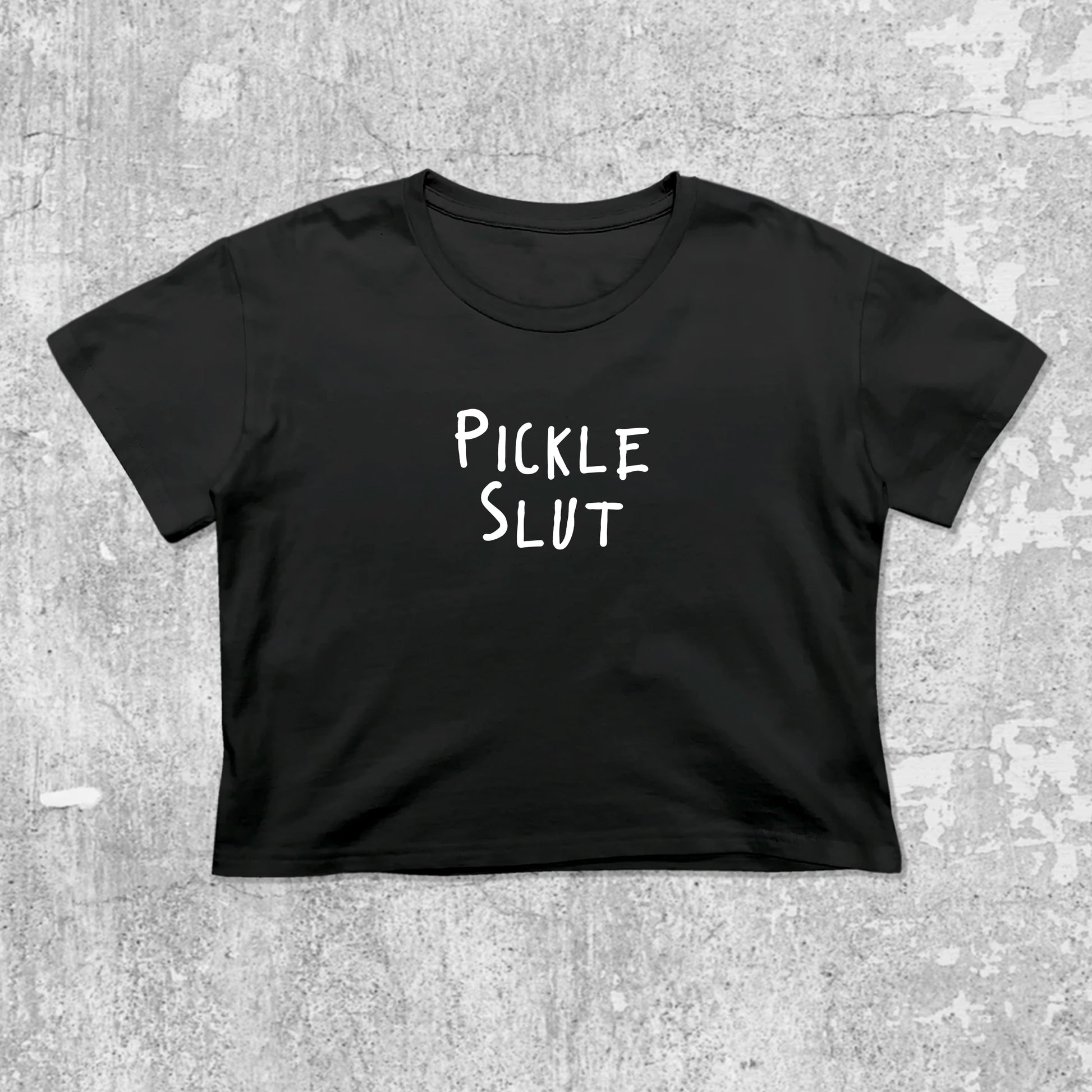 Pickle Slut graphic crop tee with cute and trendy fit, featuring playful vintage graphic, stylish cut. Black crop t-shirt