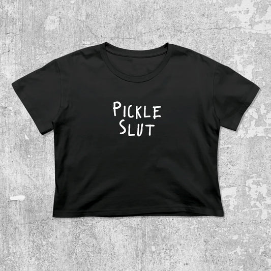 Pickle Slut graphic crop tee with cute and trendy fit, featuring playful vintage graphic, stylish cut. Black crop t-shirt