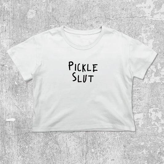 Pickle Slut graphic crop tee with cute and trendy fit, featuring playful vintage graphic, stylish cut. White crop t-shirt