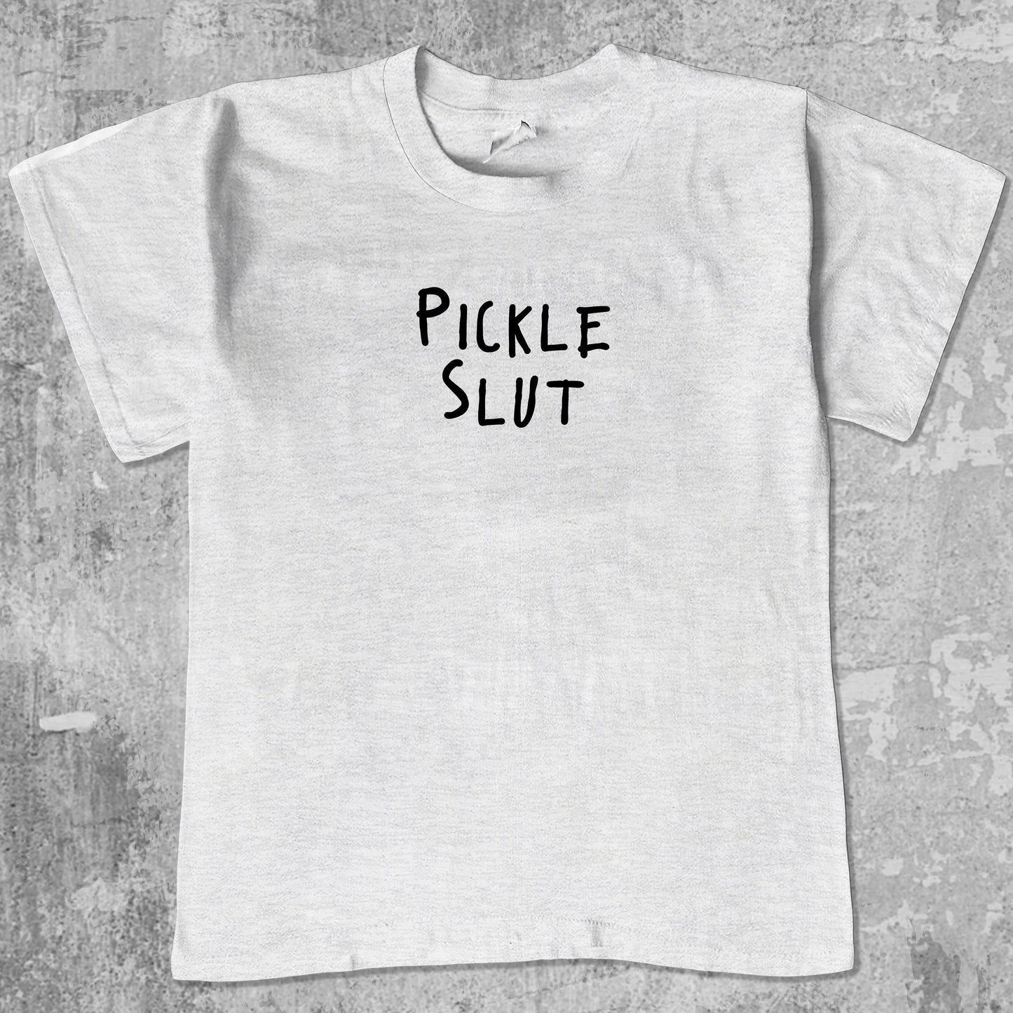 Pickle Slut graphic tee with funny pickle print, funny and trendy graphic. Perfect for friends. Ash Grey shirt.