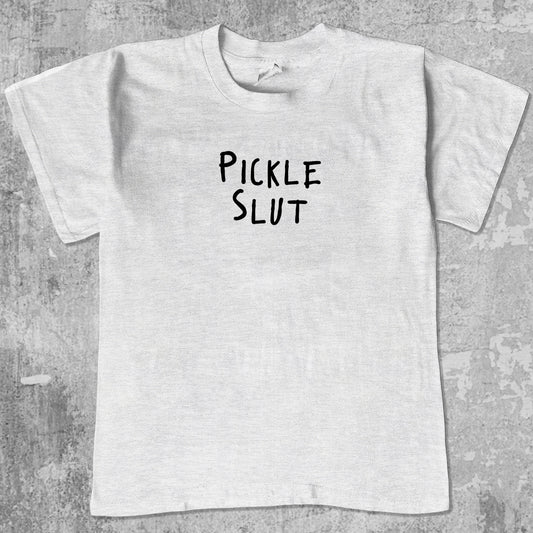 Pickle Slut graphic tee with funny pickle print, funny and trendy graphic. Perfect for friends. Ash Grey shirt.