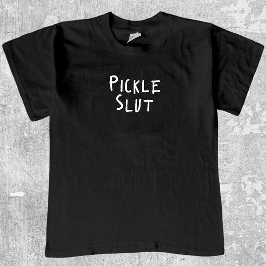 Pickle Slut graphic tee with funny pickle print, funny and trendy graphic. Perfect for friends. Black shirt.