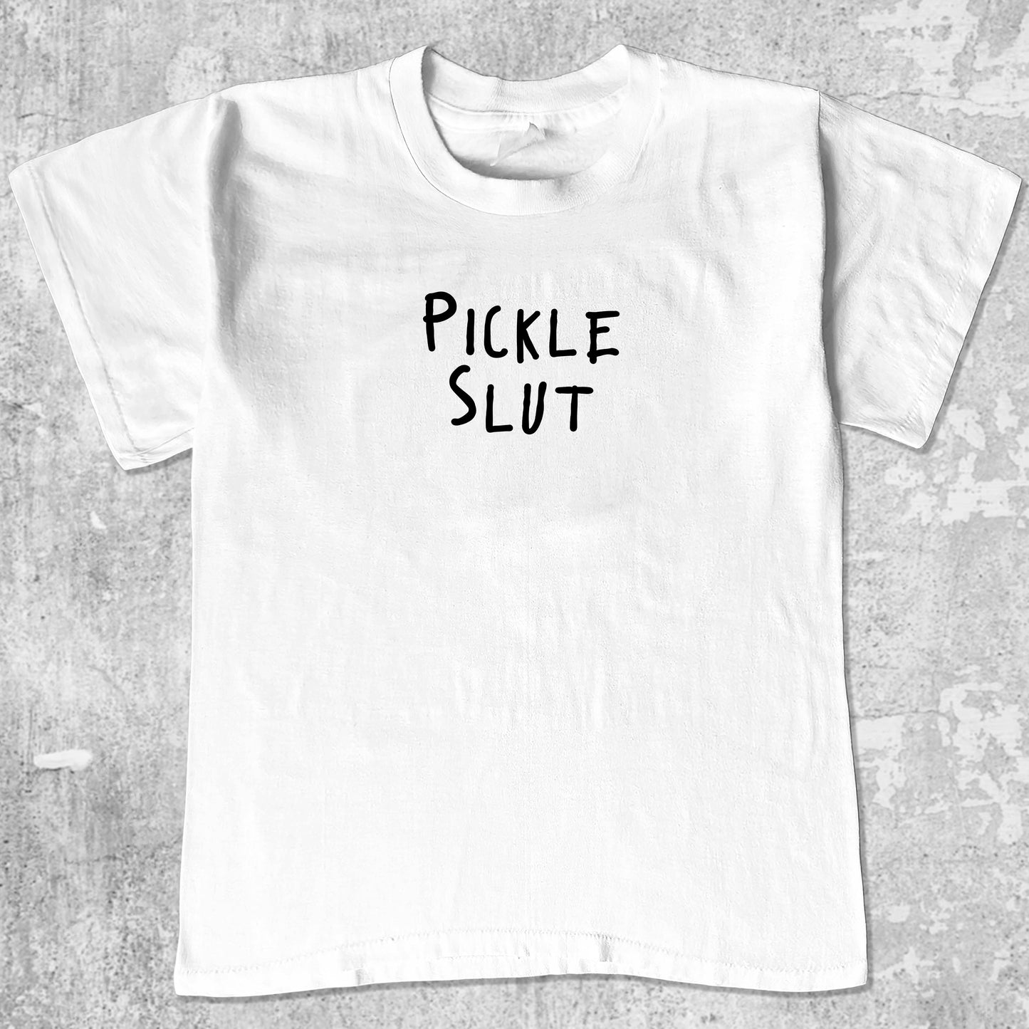 Pickle Slut graphic tee with funny pickle print, funny and trendy graphic. Perfect for friends. White shirt.