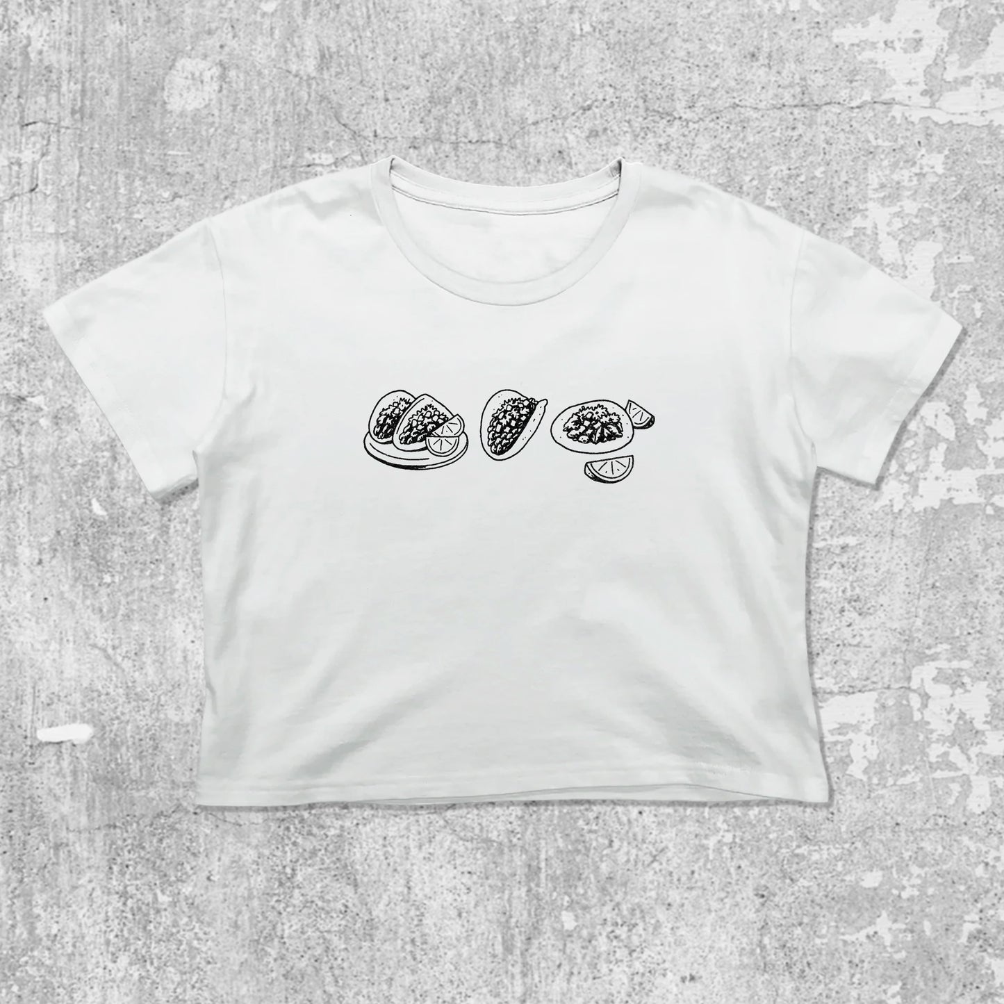 Tacos graphic crop tee with cute and trendy fit, featuring playful vintage graphic, stylish cut. White crop t-shirt