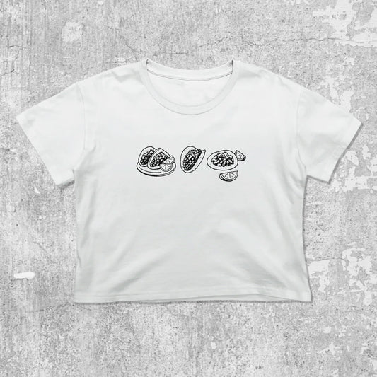Tacos graphic crop tee with cute and trendy fit, featuring playful vintage graphic, stylish cut. White crop t-shirt
