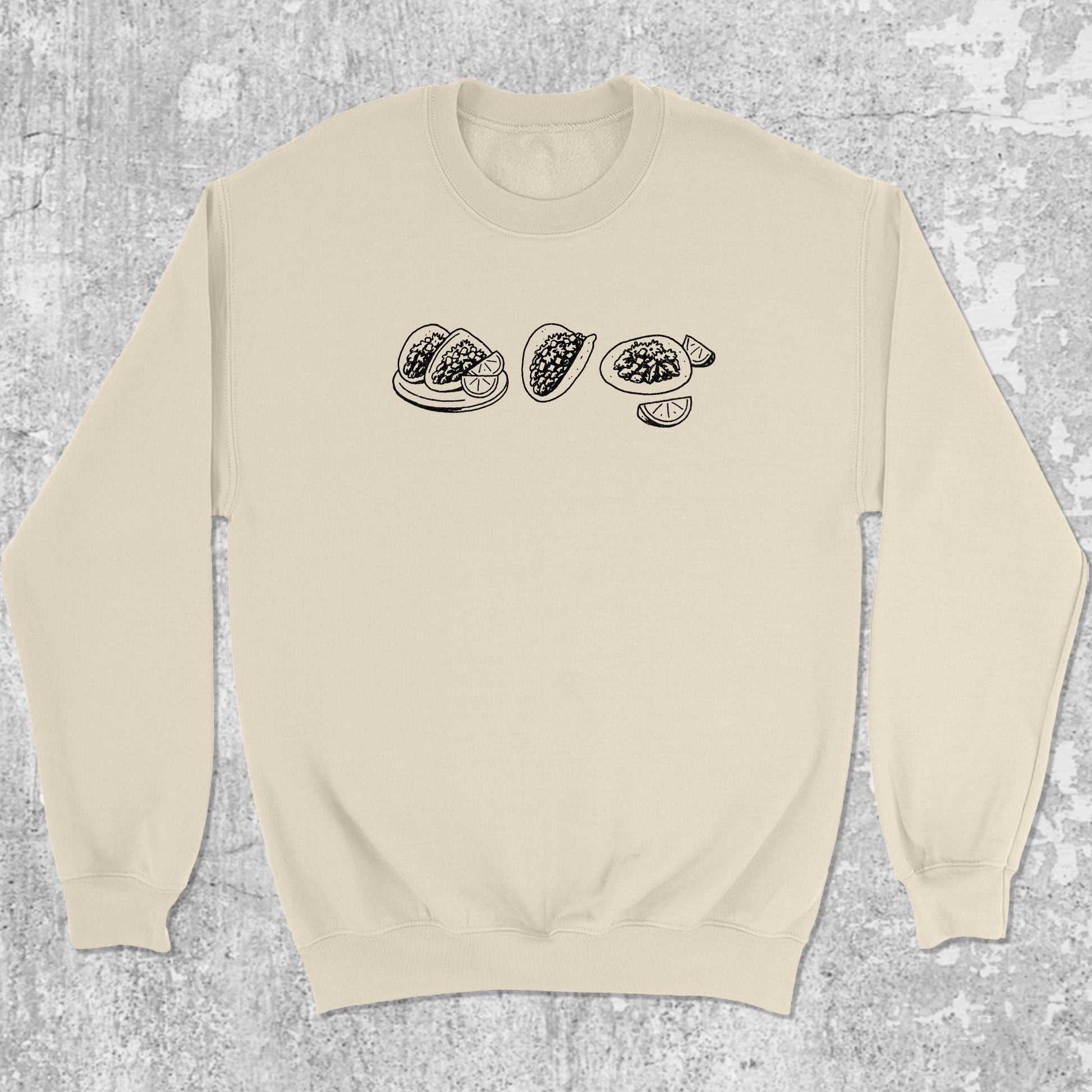 Tacos graphic sweatshirt with bold and humorous print, warm and cozy graphic for everyday wear. Perfect gifts for friends and family. Natural pullover.